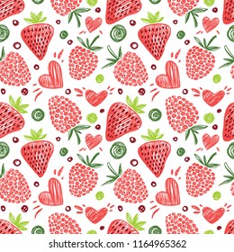 Seamless bright pattern with juicy strawberries, raspberries and hearts.
