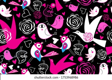 Seamless bright pattern with love birds on a dark background for Valentine's Day. Template for Wallpaper or fabric.