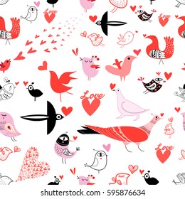 Seamless bright pattern with lovers birds on a white background
