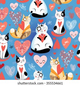 Seamless bright pattern with lovers cats and hearts on a blue background

