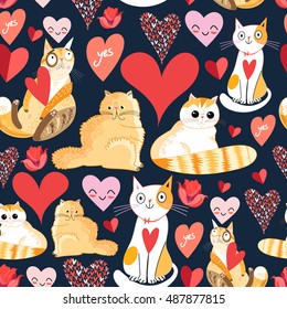 Seamless bright pattern with lovers cats and hearts on a dark background