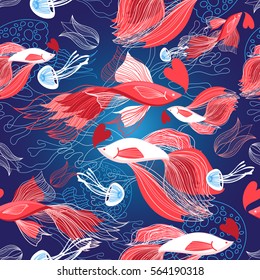 Seamless bright pattern lovers red fish on a blue background