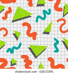 Seamless bright pattern in memphis studio style. 80s style geometric pattern. Vector illustration for your graphic design.