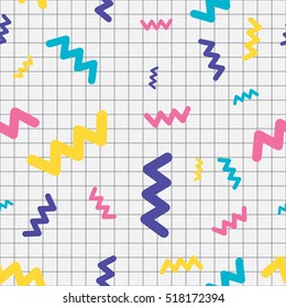 Seamless bright pattern in memphis studio style. 80s style geometric pattern. Vector illustration for your graphic design.