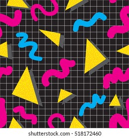 Seamless bright pattern in memphis studio style. 80s style geometric pattern. Vector illustration for your graphic design.