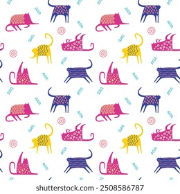 Seamless bright pattern: multi-colored geometric cats and figures. Vector illustration for fabric.