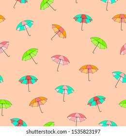 Seamless bright pattern. Multi-colored umbrellas are located on a beige background. Print for textiles. Vector illustration.