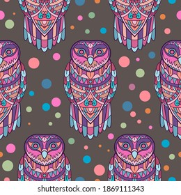 Seamless bright pattern with owls. Festive pink colors. Texture for kids design, wallpaper, textile, wrapping paper.