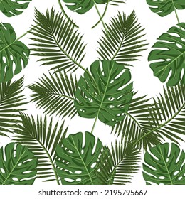 Patrón claro de hojas de palma y monstera sin foco sobre fondo blanco.El patrón natural vectorial se puede usar en textiles, envasado, cubiertas de cuadernos, ropa de color pastel, postales.
