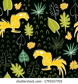 Seamless bright pattern with parrots and leaves on dark background. Vector endless tropic flat illustration with birds for fabric, textile, wrapper, wallpaper, surface design
