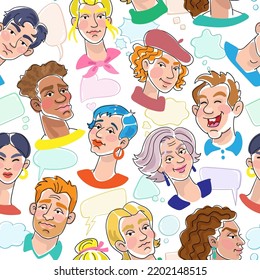 Seamless bright pattern with people's faces. Different ages, emotions and nationalities. On a transparent background. Line style with colored spots. Vector illustration
