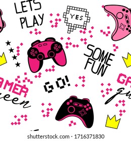 Seamless bright pattern with pink joysticks. gaming cool print for girls. Suitable for textiles, sportswear, web
