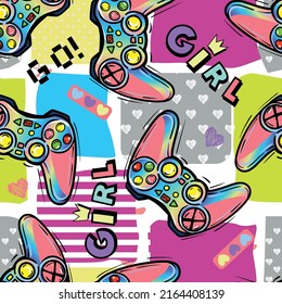 Seamless bright pattern with pink joysticks. gaming cool print for girls.  for textiles, sportswear, web
