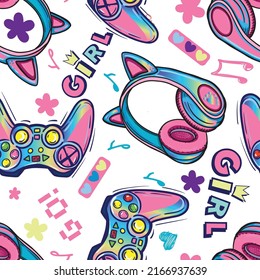 Seamless Bright Pattern With Pink Joysticks. Gaming Cool Print For Girls.  For Textiles, Sportswear, Web
