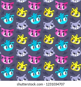 Seamless bright pattern with portraits of domestic cats of different types in bright and dark gray-pink-yellow-blue colors and detailed muzzles in vector graphics