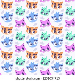 Seamless bright pattern with portraits of domestic cats of different types in bright white-orange-pink-green-blue colors and detailed muzzles in vector graphics