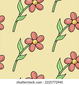 Seamless bright pattern with red flowers with a green stem on yellow background. Summer, spring, easter, paper, office supplies, web design.