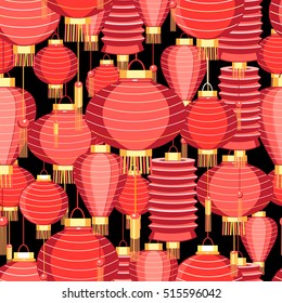 Seamless bright pattern with red lanterns on a dark background
