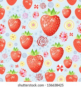 seamless bright pattern of ripe strawberries on a bright blue background