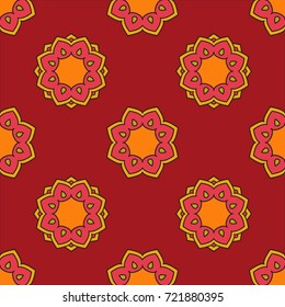 Seamless bright pattern with round ornament. Hand drawn background. Islam, Arabic, Indian, ottoman motifs. Perfect for printing on fabric or paper.