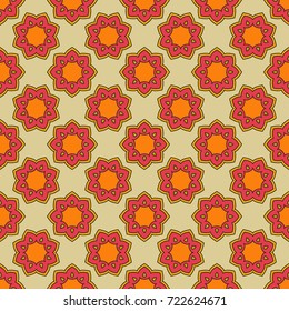 Seamless bright pattern with round ornament. Hand drawn background. Islam, Arabic, Indian, ottoman motifs. Perfect for printing on fabric or paper.