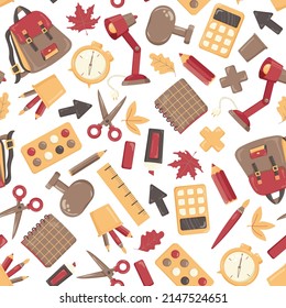 Seamless bright pattern of school supplies on a white background. Back to school. Vector illustration