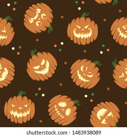 Seamless bright pattern set of Halloween scary pumpkins. Autumn holidays. hand draw pumpkins. Cartoon style pattern with pumpkins on a brown background