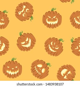 Seamless bright pattern set of Halloween scary pumpkins. Autumn holidays. hand draw pumpkins. Cartoon style pattern with pumpkins on a yellow background