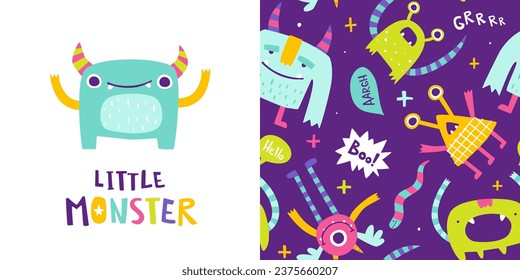 Seamless bright pattern set with weird monsters for baby. Abstract vector print with stylized monsters for kids textile.
