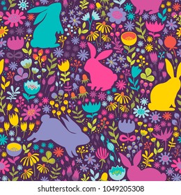 Patrón claro sin fisuras de siluetas de conejos y flores silvestres.Textura vectorial dibujada a mano