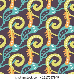 Seamless bright pattern with single-celled animals on a brown background. Eps10