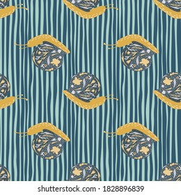 Seamless bright pattern with snail doodle silhouettes. Acatina ornament with orange color details on striped blue background. For fabric design, textile print, wrapping, cover. Vector illustration.