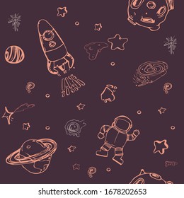 
Seamless bright pattern with space elements, star, cosmonaut, rocket, planet.Creative nursery background. Perfect for kids design, fabric, wrapping, wallpaper, textile, apparel, 12 april