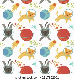 Seamless bright pattern of space with the image of planets, stars, asteroids and astronaut cats