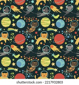 Seamless bright pattern of space with the image of planets, stars, asteroids, mice and cats astronauts