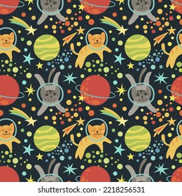Seamless bright pattern of space with the image of planets, stars, asteroids and astronaut cats
