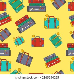 Seamless bright pattern with suitcase, travel luggage on yellow background. 