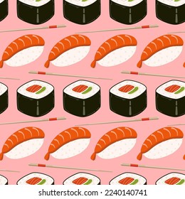 Seamless bright pattern with sushi and chopsticks