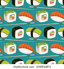 Seamless bright pattern with sushi and chopsticks