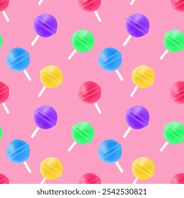 Seamless bright pattern of sweet lollipops.  3d effect. Vector illustration. It can be used in web design, social media, advertising, packaging, wallpaper