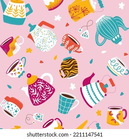 Seamless bright pattern with tea party utensils. multicolored mugs, cups, teapots and coffee cups on a pink background