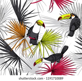 Seamless bright pattern. Tropical leaves. Colored Exotic fan palm and Toucan birds. Textile composition, hand drawn style print. Vector illustration.