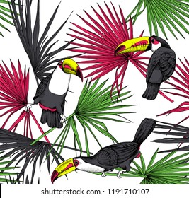 Seamless bright pattern. Tropical leaves. Colored Exotic fan palm and Toucan birds. Textile composition, hand drawn style print. Vector illustration.