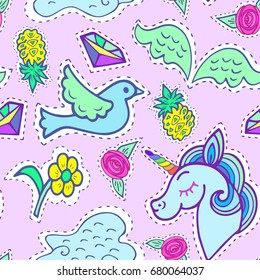 Seamless bright pattern with unicorn, bird, wings, cloud, pineapple, crystal, yellow flower. Vector.