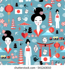 Seamless bright pattern with various elements of Japanese