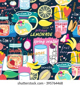 Seamless bright pattern of various fruit drinks and fruit on a dark background