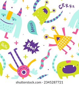 Seamless bright pattern with weird monsters for baby. Abstract vector print with naive monsters for kids textile.