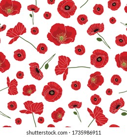 Seamless bright poppy pattern on white background