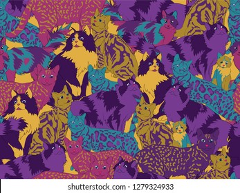 Seamless bright print with cats of different breeds. Fluffy pets in unusual colors, with spots and stripes.