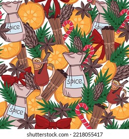 Seamless bright print, on the theme of the new year, Christmas. All for mulled wine. For printing on fabric, paper and gifts. Vector